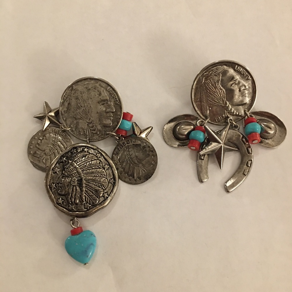 Native American coin coral turquoise earrings